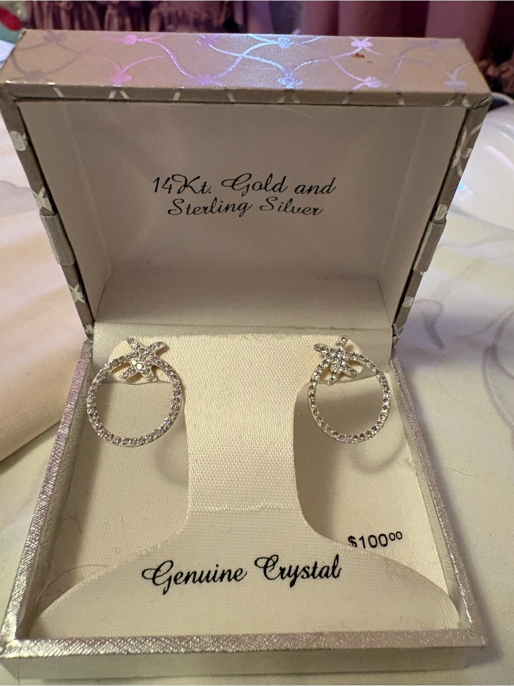 Genuine Crystal Sterling Silver Hoop Drop Earrings - Silver